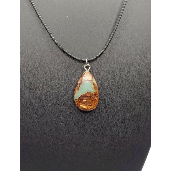 Aqua Terra Jasper & Bronzite Teardrop Pendant Necklace on Black Cord 20-22" NEW - Picture 1 of 3